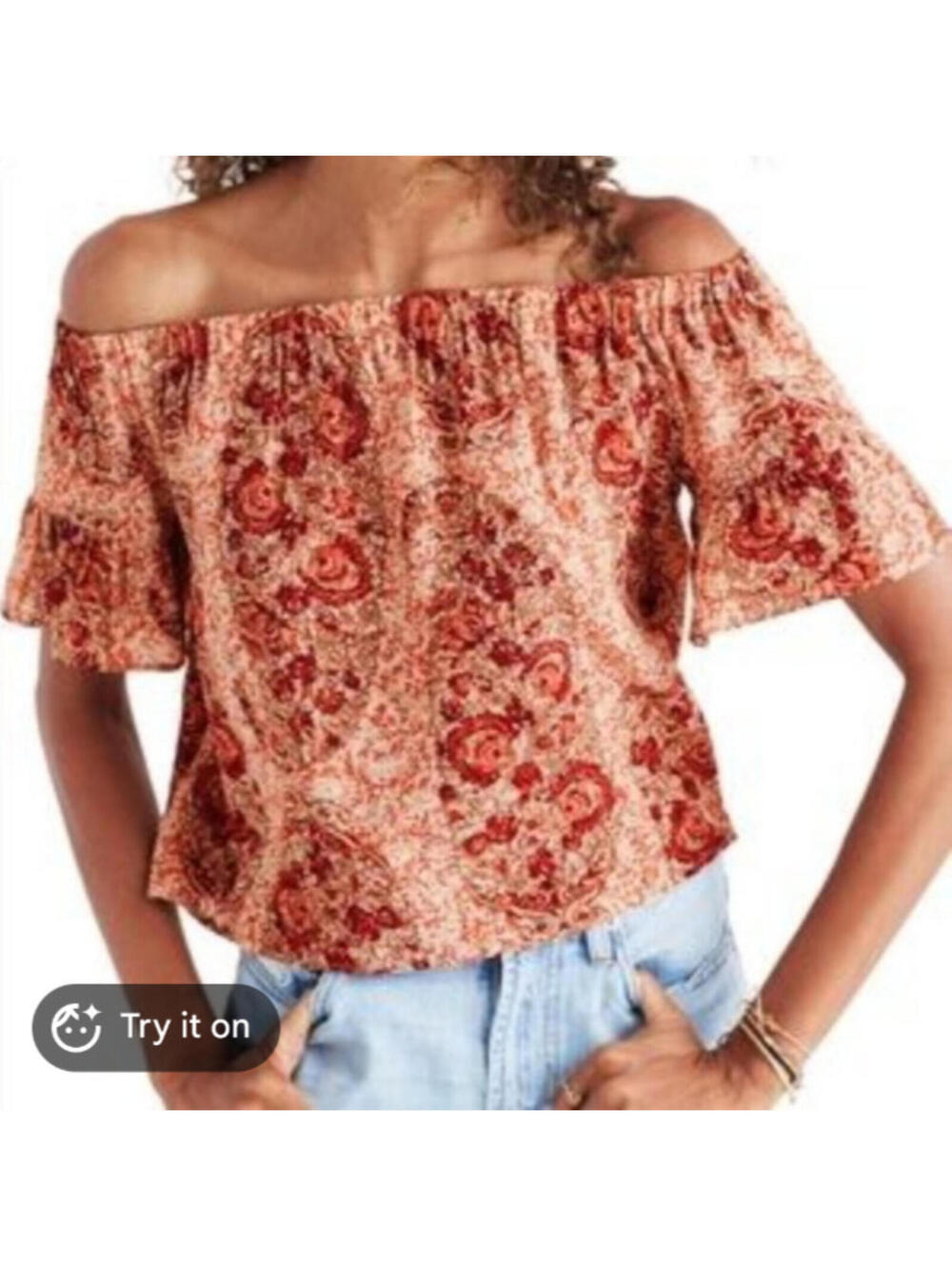Madewell Top L Off-the-Shoulder Silk Cropped Flutter Sleeves Red Pink Tan Boho